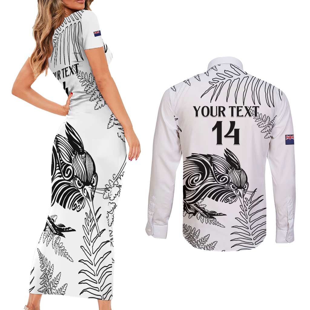 Custom New Zealand Kiwi Football Couples Matching Short Sleeve Bodycon Dress and Long Sleeve Button Shirt Aotearoa Silver Fern