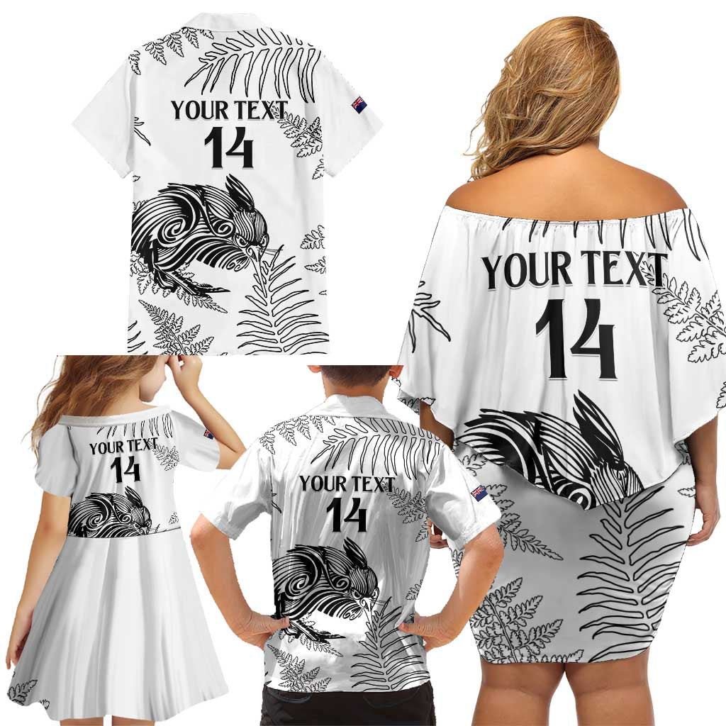 Custom New Zealand Kiwi Football Family Matching Off Shoulder Short Dress and Hawaiian Shirt Aotearoa Silver Fern