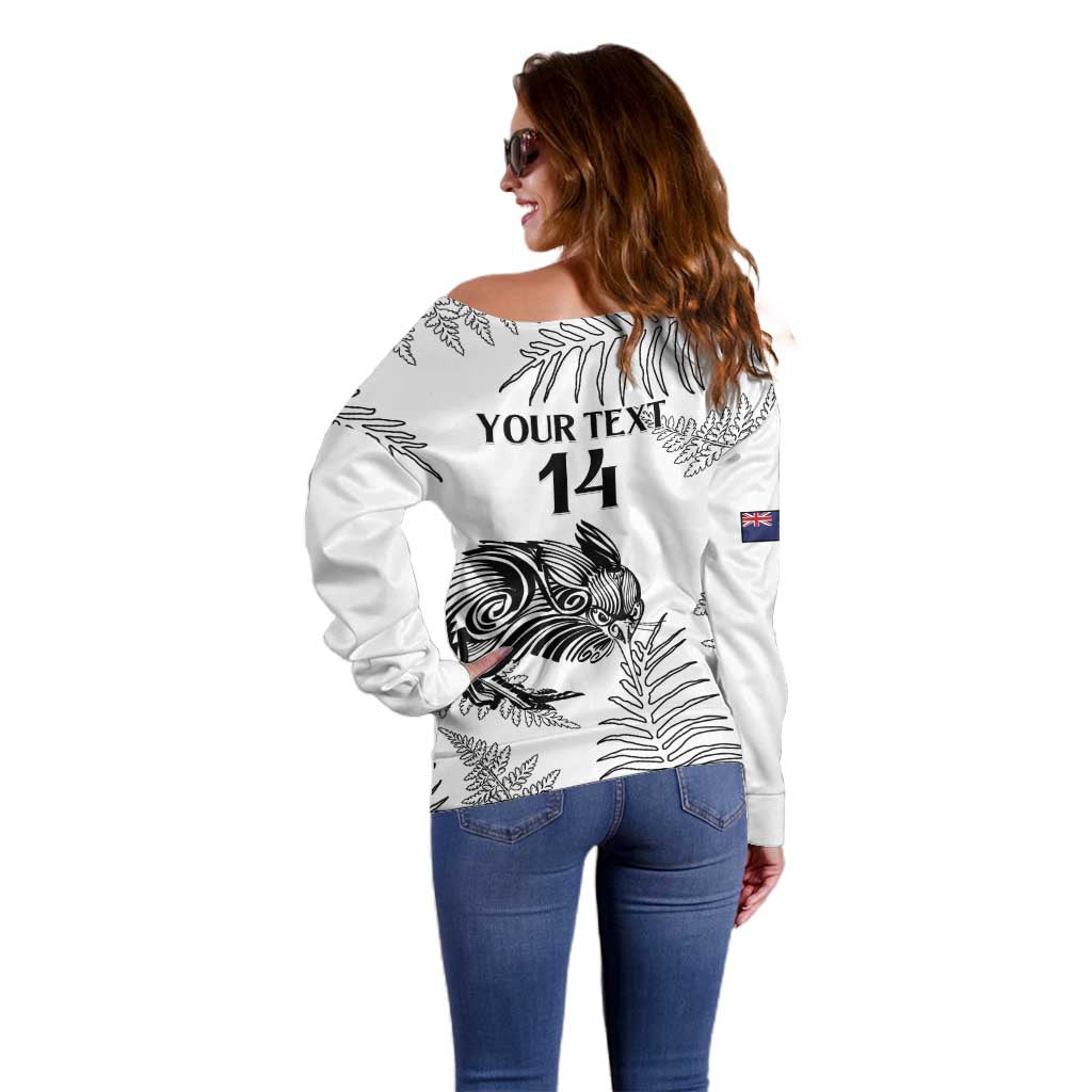 Custom New Zealand Kiwi Football Off Shoulder Sweater Aotearoa Silver Fern - Vibe Hoodie Shop