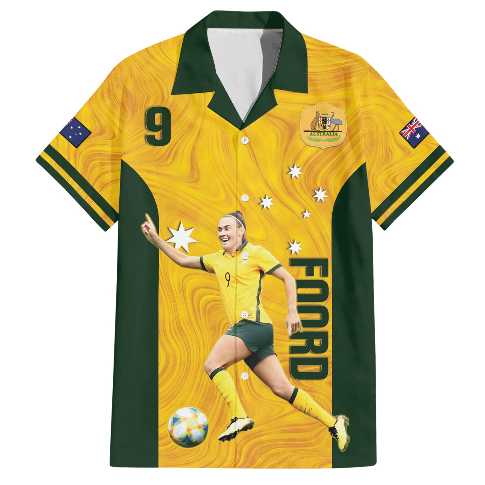 Australia Soccer Hawaiian Shirt Foord Matildas - Gold Marble - Vibe Hoodie Shop