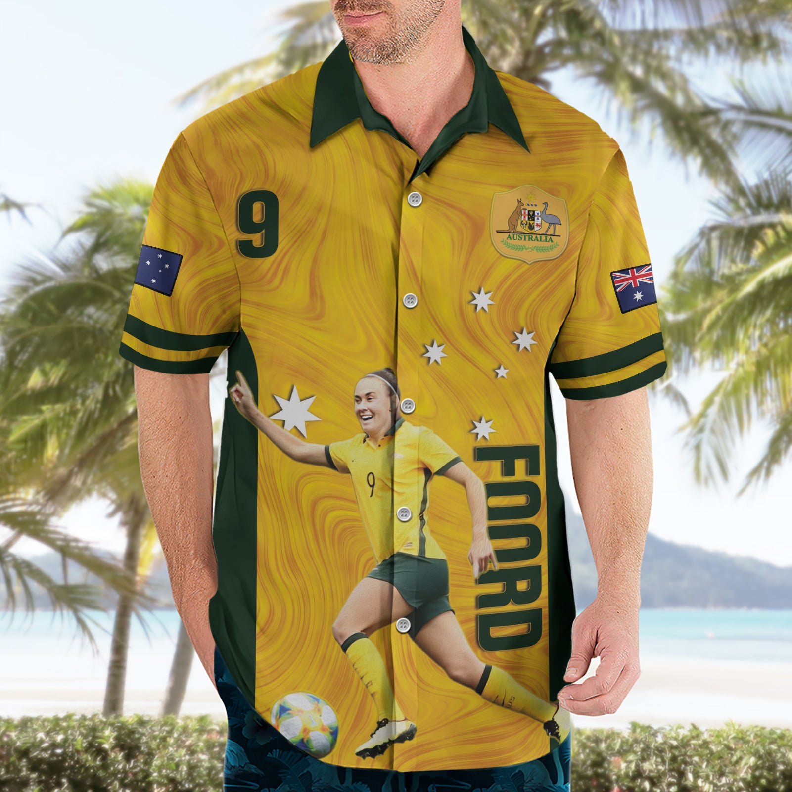 Australia Soccer Hawaiian Shirt Foord Matildas - Gold Marble - Vibe Hoodie Shop