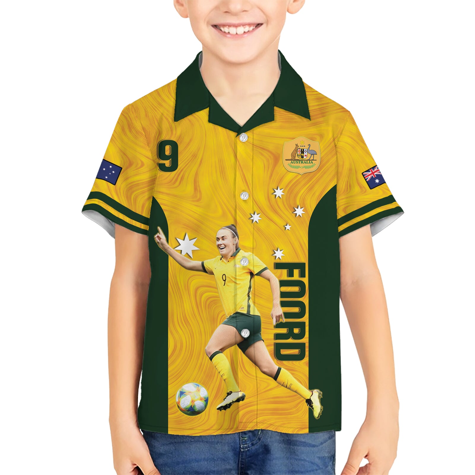 Australia Soccer Hawaiian Shirt Foord Matildas - Gold Marble - Vibe Hoodie Shop