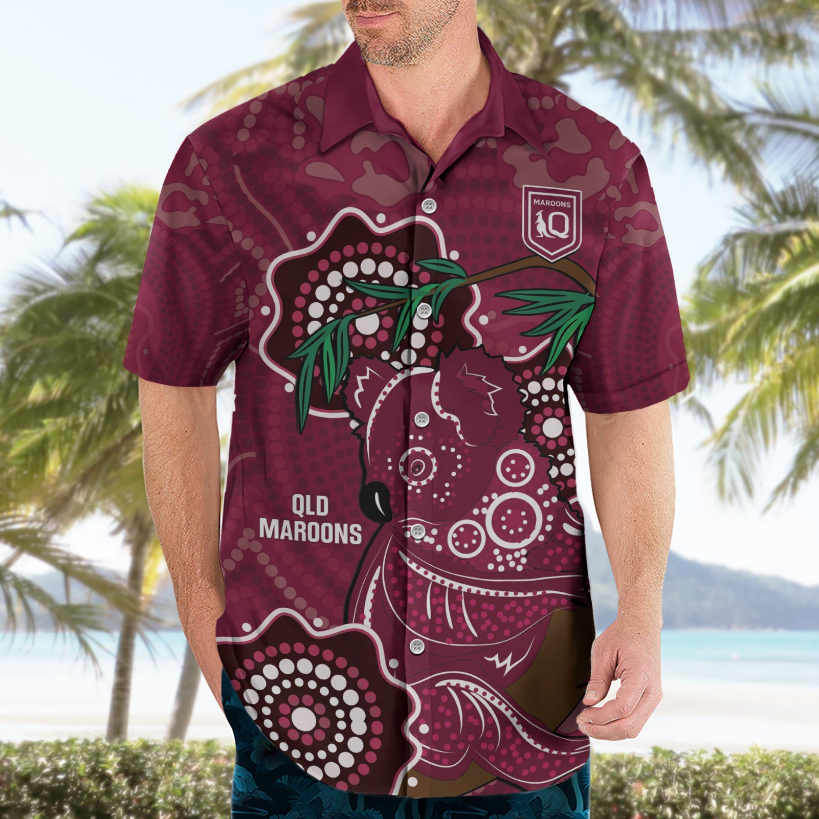 Custom Queensland Maroons Rugby Hawaiian Shirt 2024 Koala Mix Aboriginal Art - Vibe Hoodie Shop