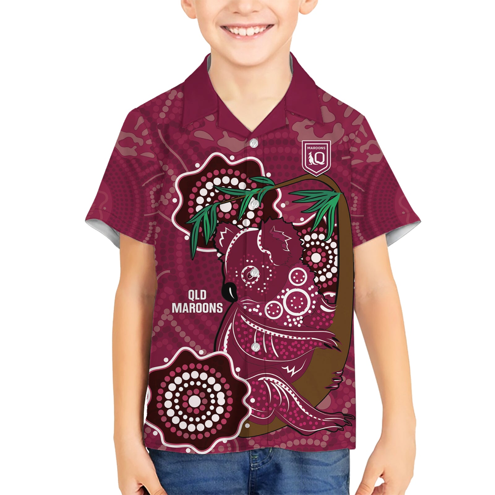 Custom Queensland Maroons Rugby Hawaiian Shirt 2024 Koala Mix Aboriginal Art - Vibe Hoodie Shop