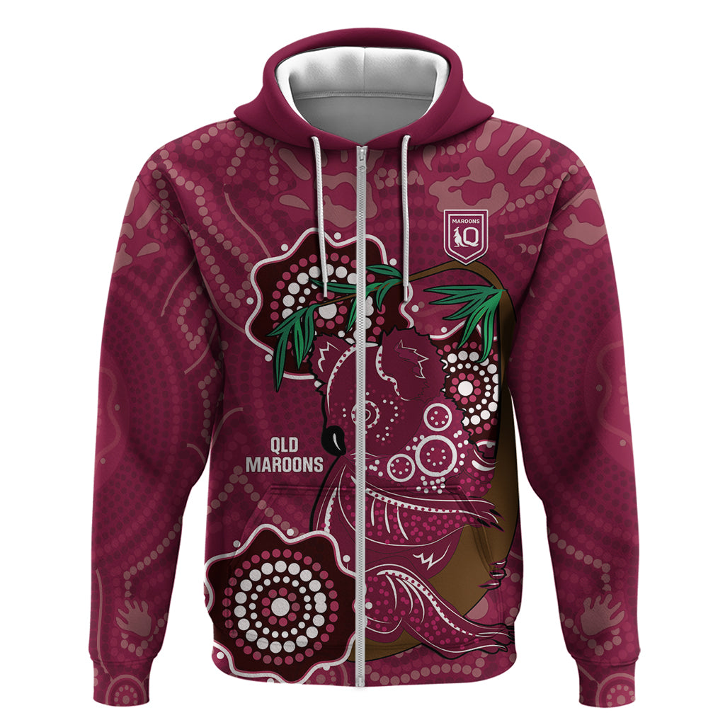 Custom Queensland Maroons Rugby Hoodie 2024 Koala Mix Aboriginal Art - Vibe Hoodie Shop