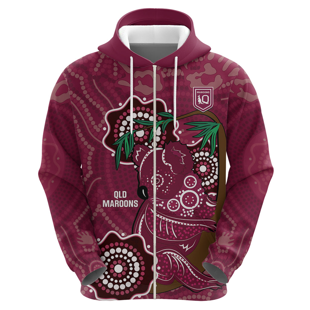 Custom Queensland Maroons Rugby Hoodie 2024 Koala Mix Aboriginal Art - Vibe Hoodie Shop