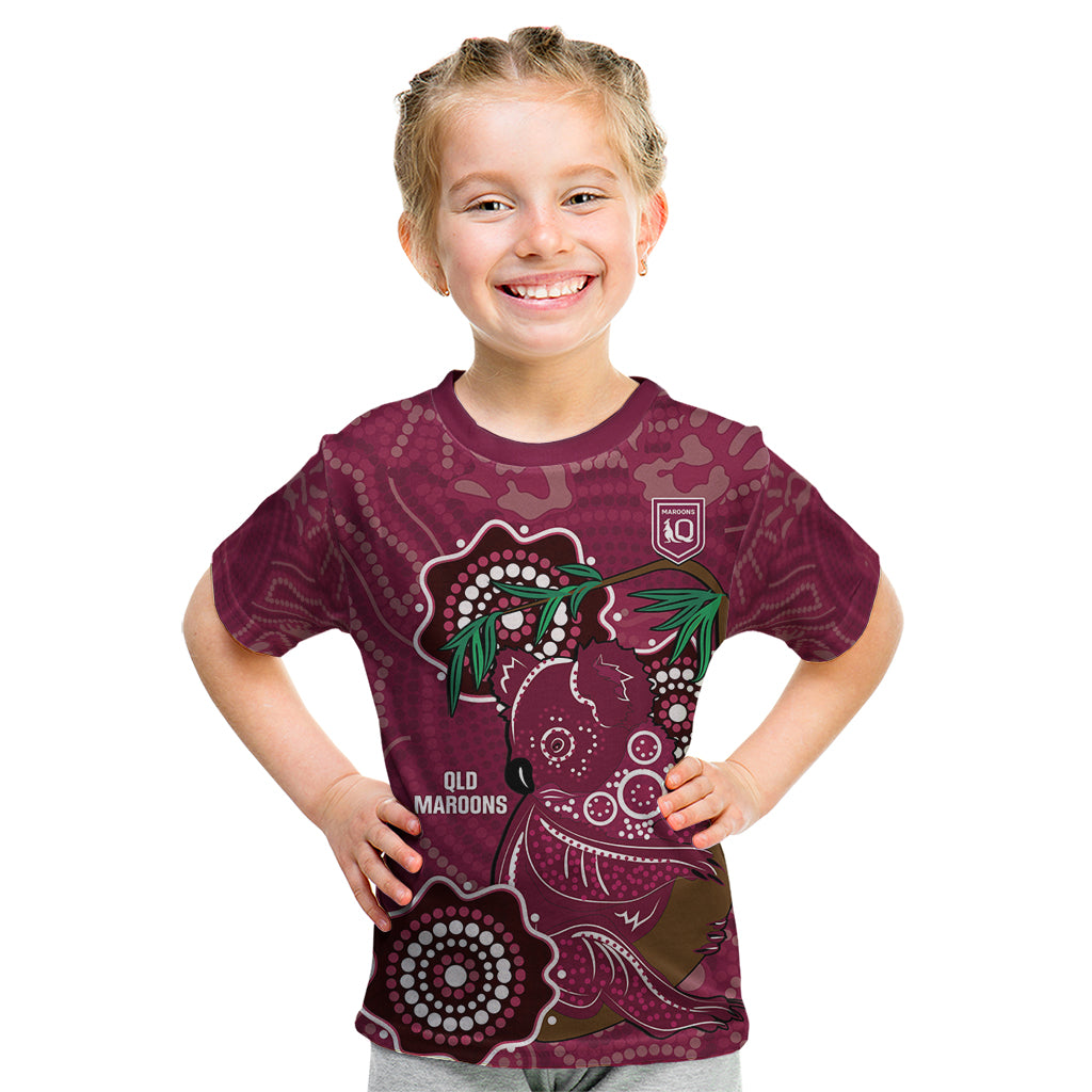 Custom Queensland Maroons Rugby Kid T Shirt 2024 Koala Mix Aboriginal Art - Vibe Hoodie Shop