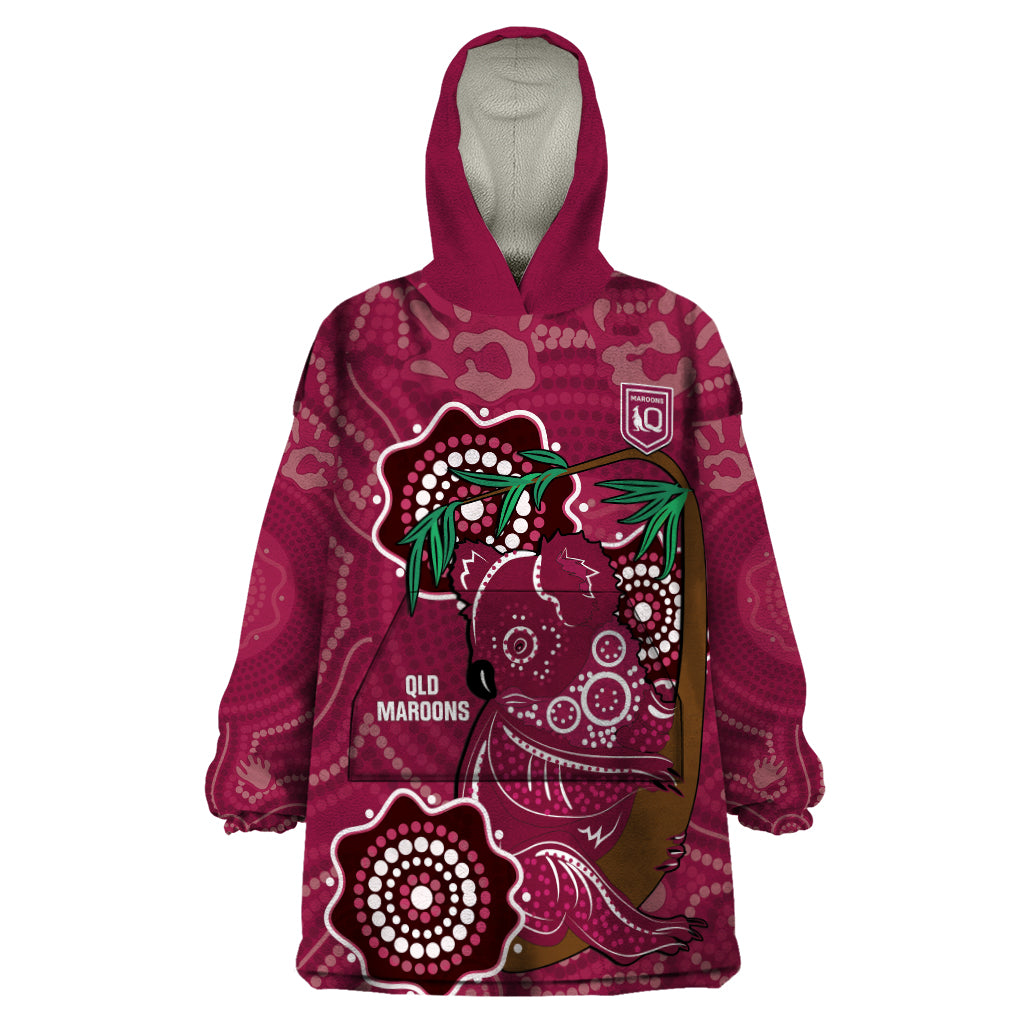 Custom Queensland Maroons Rugby Wearable Blanket Hoodie 2024 Koala Mix Aboriginal Art - Vibe Hoodie Shop