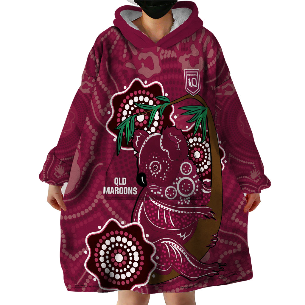 Custom Queensland Maroons Rugby Wearable Blanket Hoodie 2024 Koala Mix Aboriginal Art - Vibe Hoodie Shop