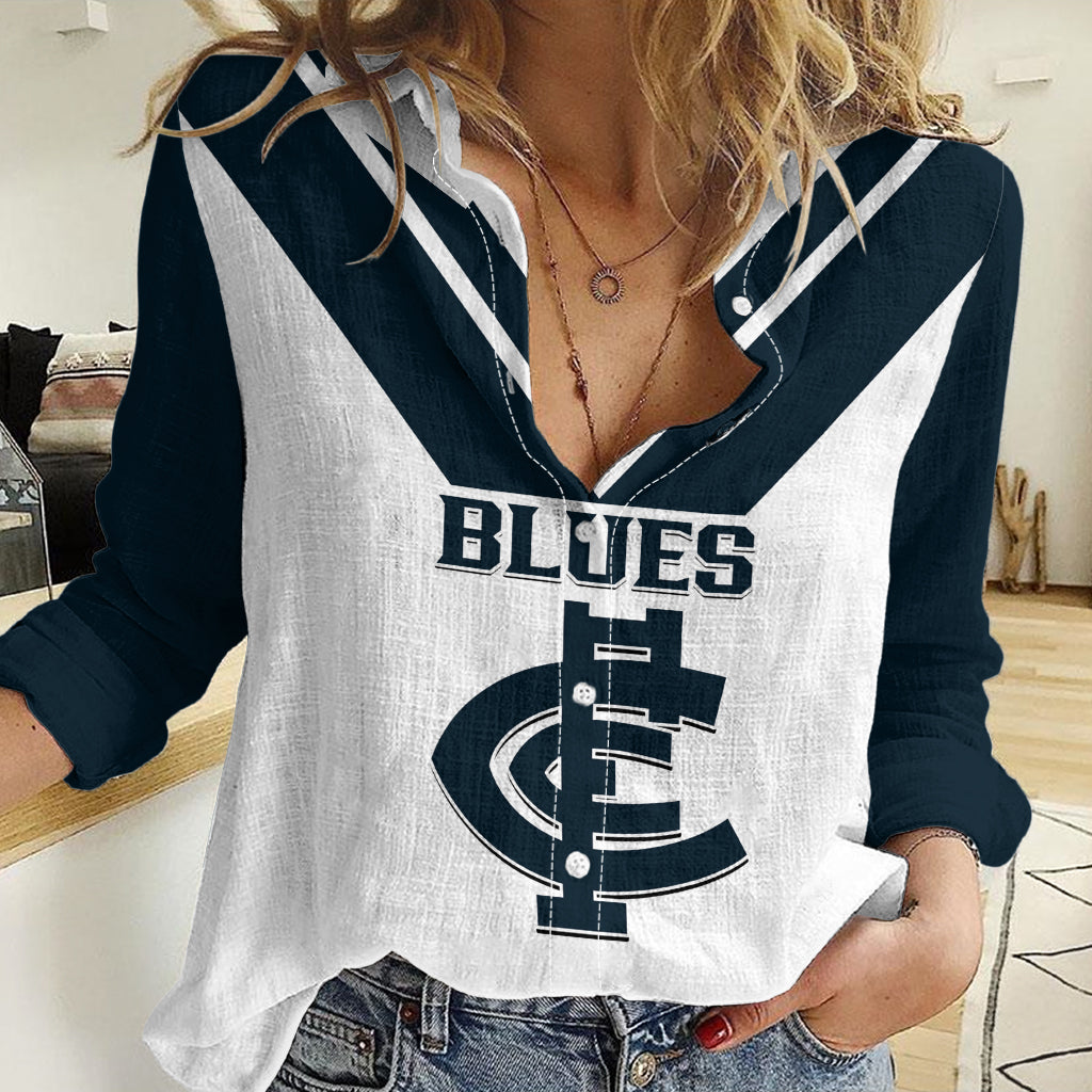 Carlton Football 2023 Women Casual Shirt Go Blues White Simple Style - Vibe Hoodie Shop