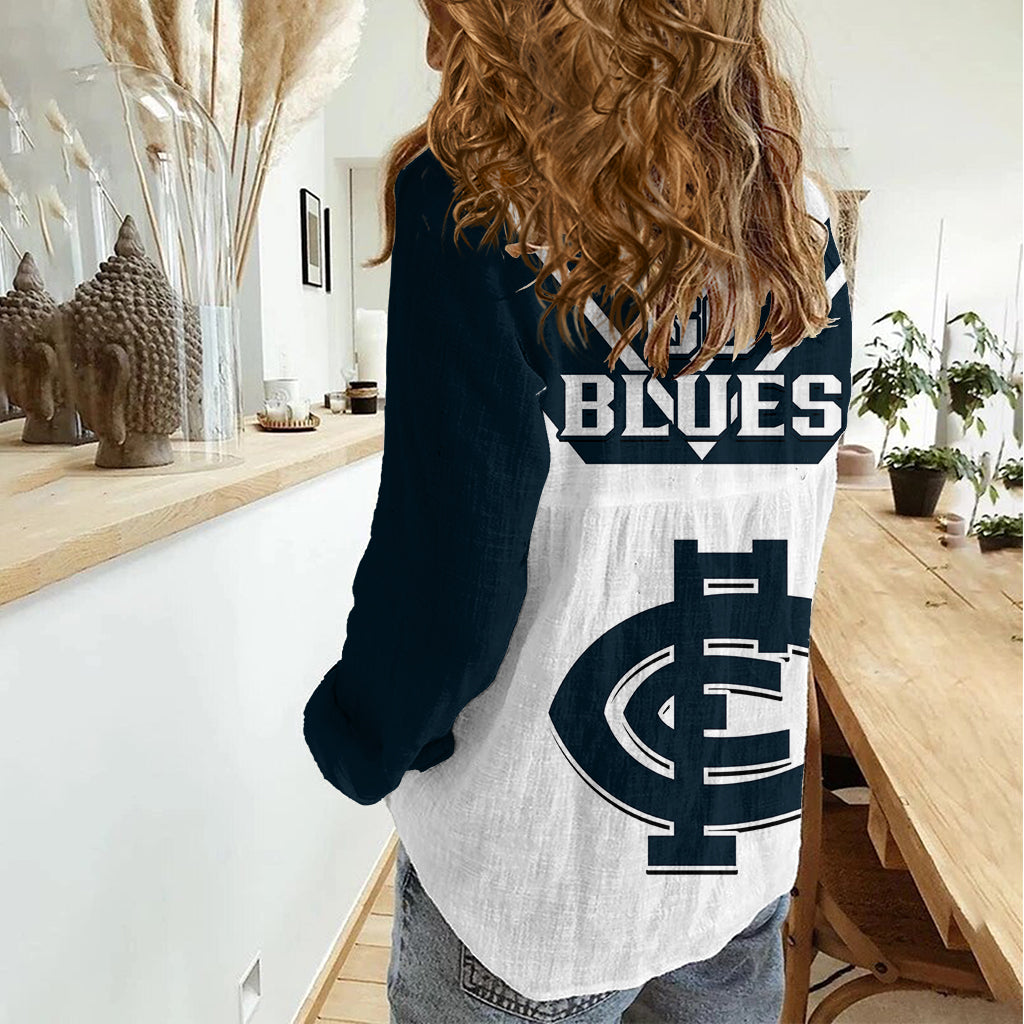 Carlton Football 2023 Women Casual Shirt Go Blues White Simple Style - Vibe Hoodie Shop