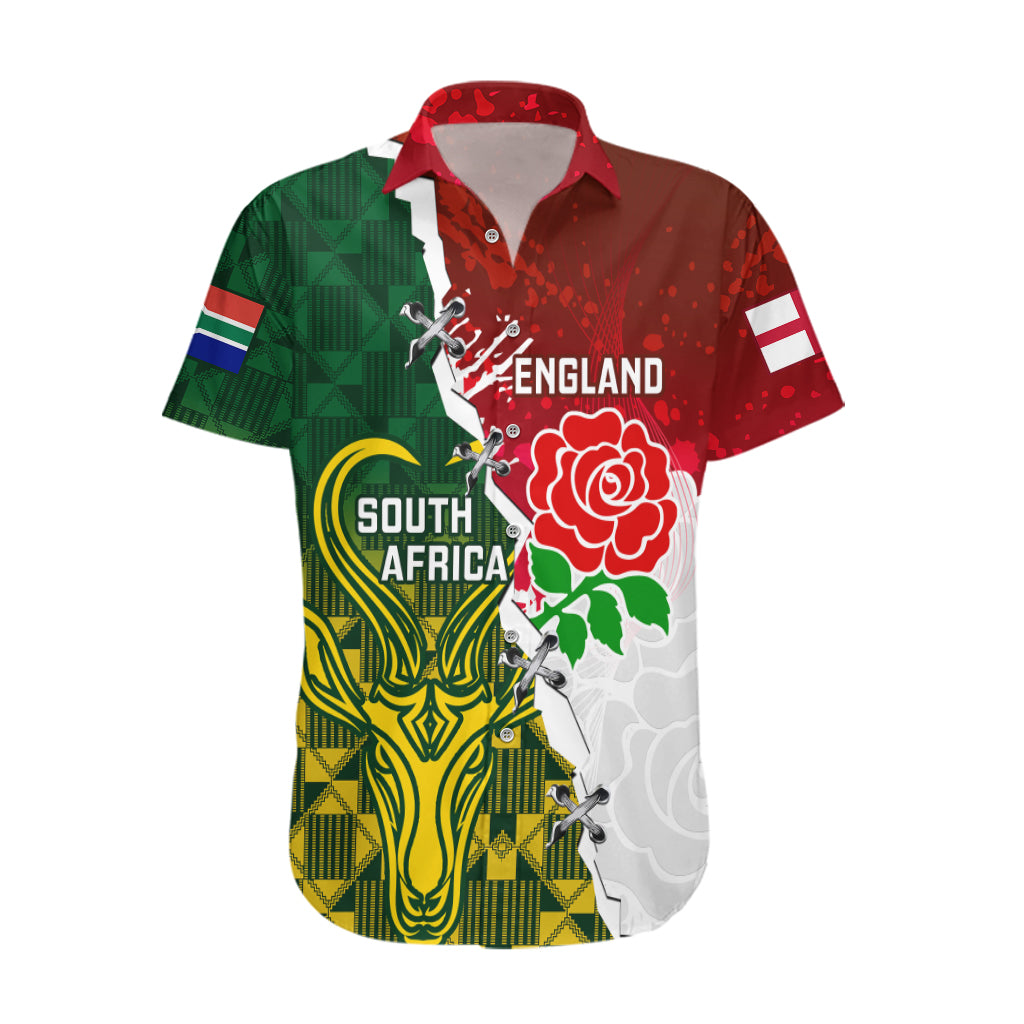 Personalised South Africa And England Rugby Hawaiian Shirt 2023 Springboks Combine Red Roses Sporty Style - Vibe Hoodie Shop