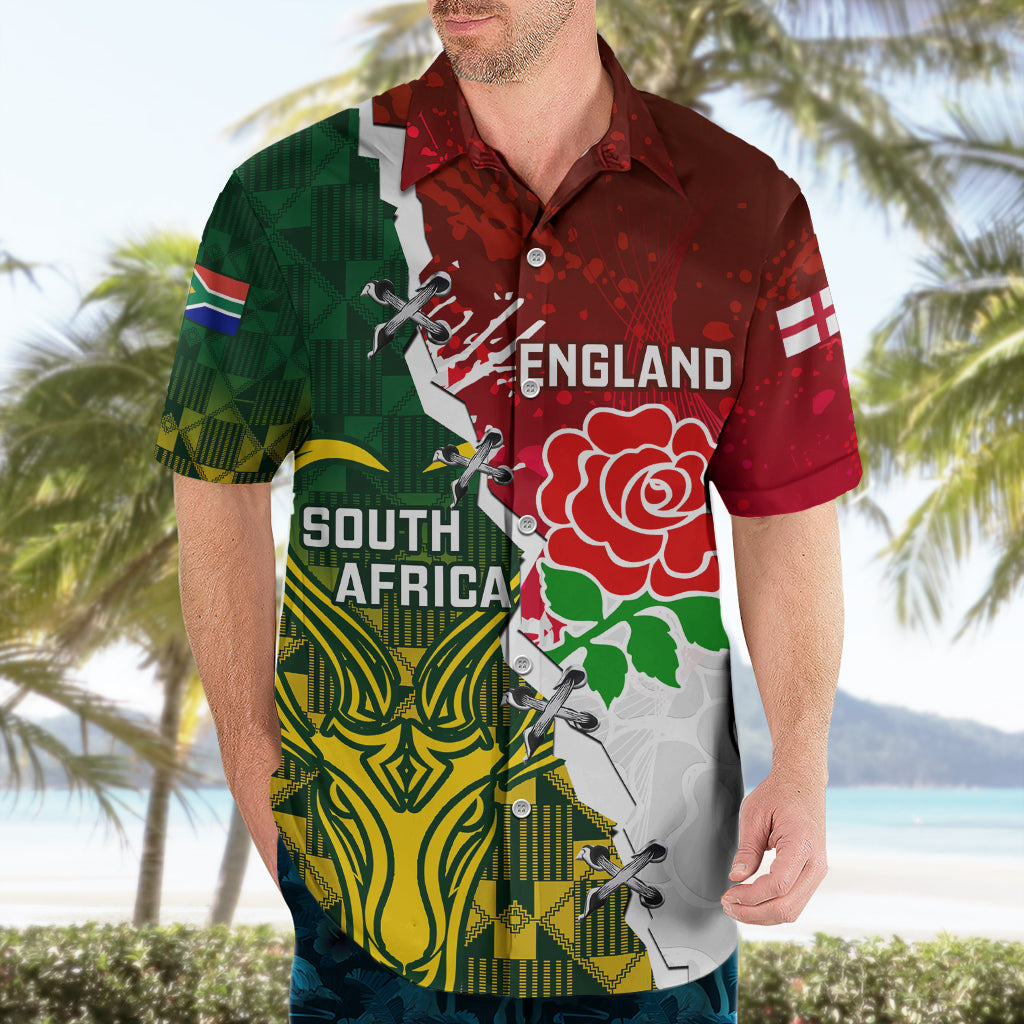 Personalised South Africa And England Rugby Hawaiian Shirt 2023 Springboks Combine Red Roses Sporty Style - Vibe Hoodie Shop