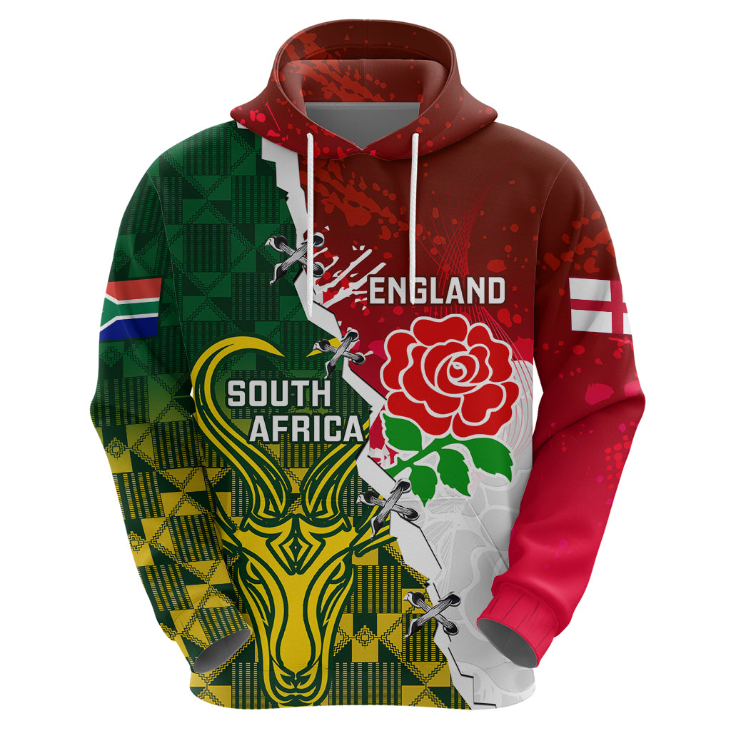 Personalised South Africa And England Rugby Hoodie 2023 Springboks Combine Red Roses Sporty Style - Vibe Hoodie Shop