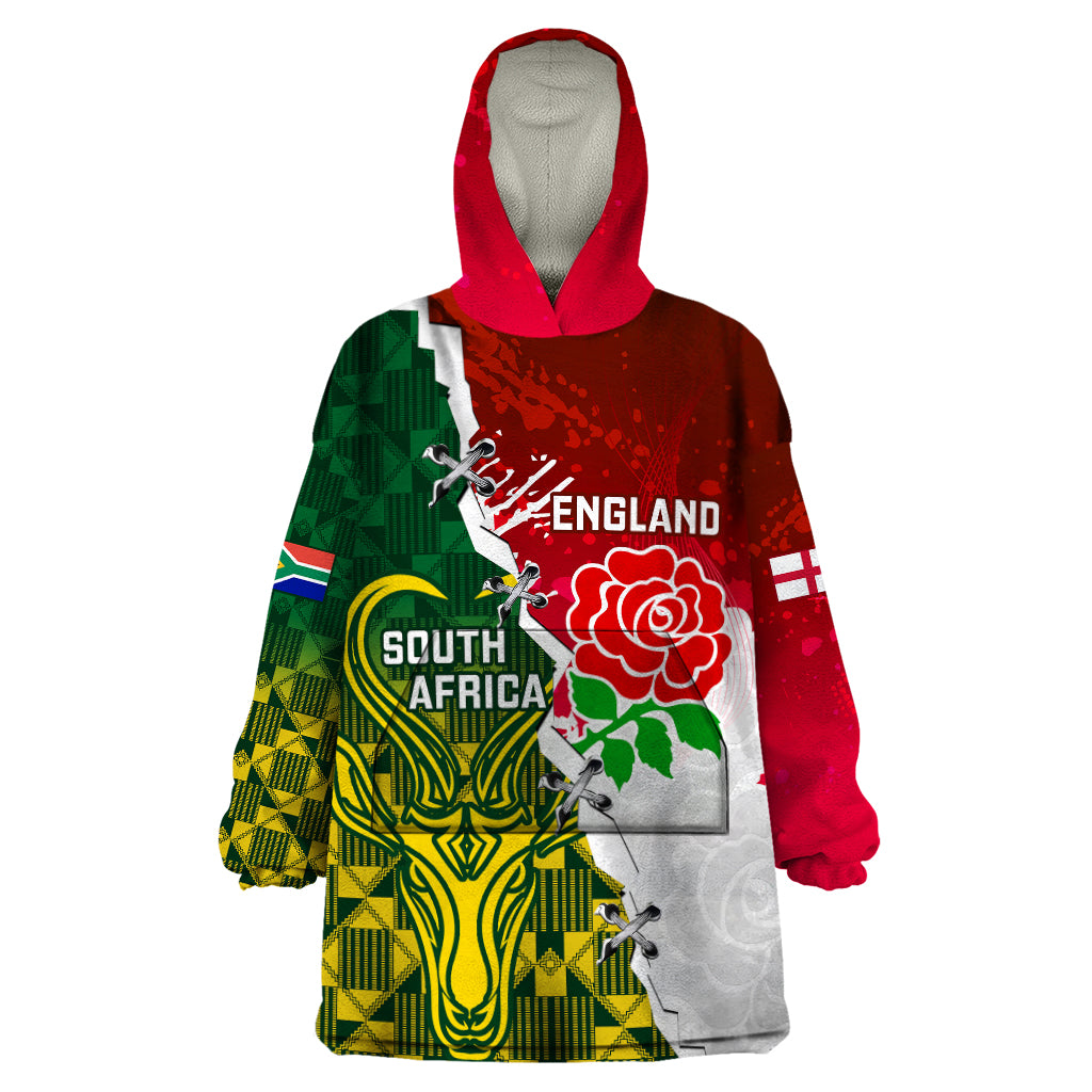 Personalised South Africa And England Rugby Wearable Blanket Hoodie 2023 Springboks Combine Red Roses Sporty Style - Vibe Hoodie Shop