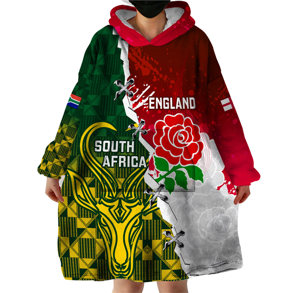 Personalised South Africa And England Rugby Wearable Blanket Hoodie 2023 Springboks Combine Red Roses Sporty Style - Vibe Hoodie Shop