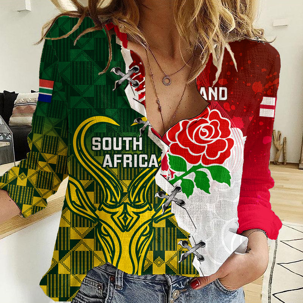 Personalised South Africa And England Rugby Women Casual Shirt 2023 Springboks Combine Red Roses Sporty Style - Vibe Hoodie Shop