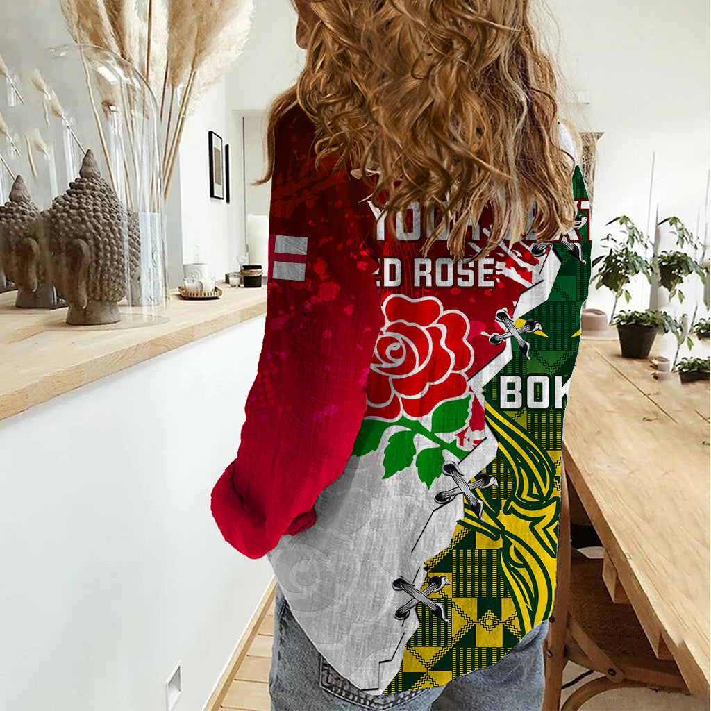 Personalised South Africa And England Rugby Women Casual Shirt 2023 Springboks Combine Red Roses Sporty Style - Vibe Hoodie Shop