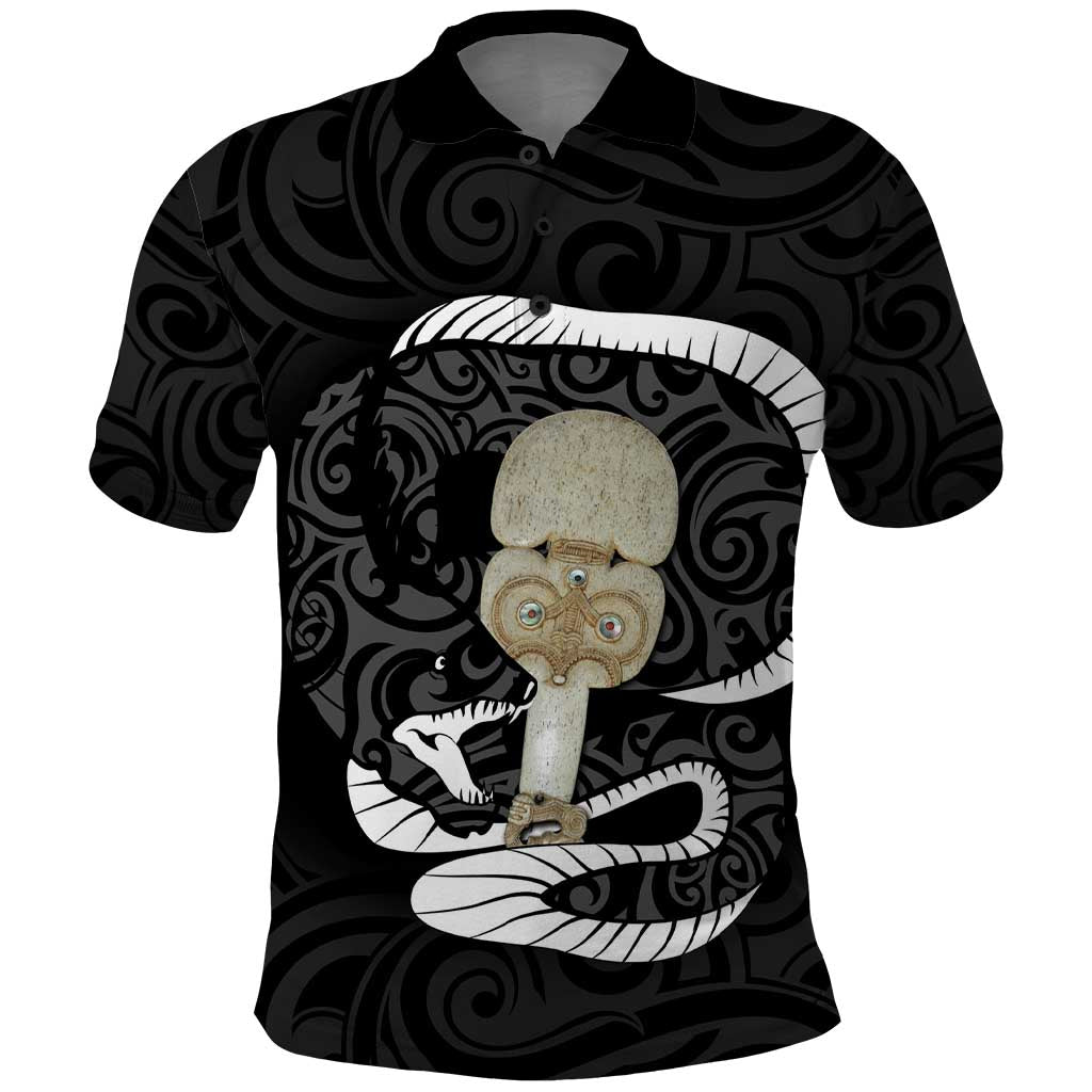 Black New Zealand Eel Polo Shirt Aotearoa Maori Tuna With Kotiate Weapon - Vibe Hoodie Shop