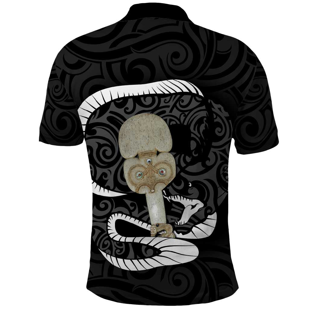 Black New Zealand Eel Polo Shirt Aotearoa Maori Tuna With Kotiate Weapon - Vibe Hoodie Shop