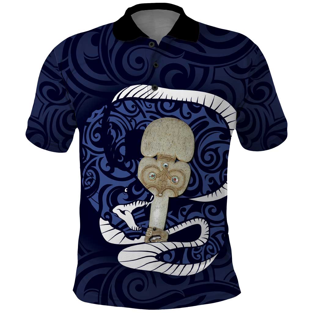 Blue New Zealand Eel Polo Shirt Aotearoa Maori Tuna With Kotiate Weapon - Vibe Hoodie Shop