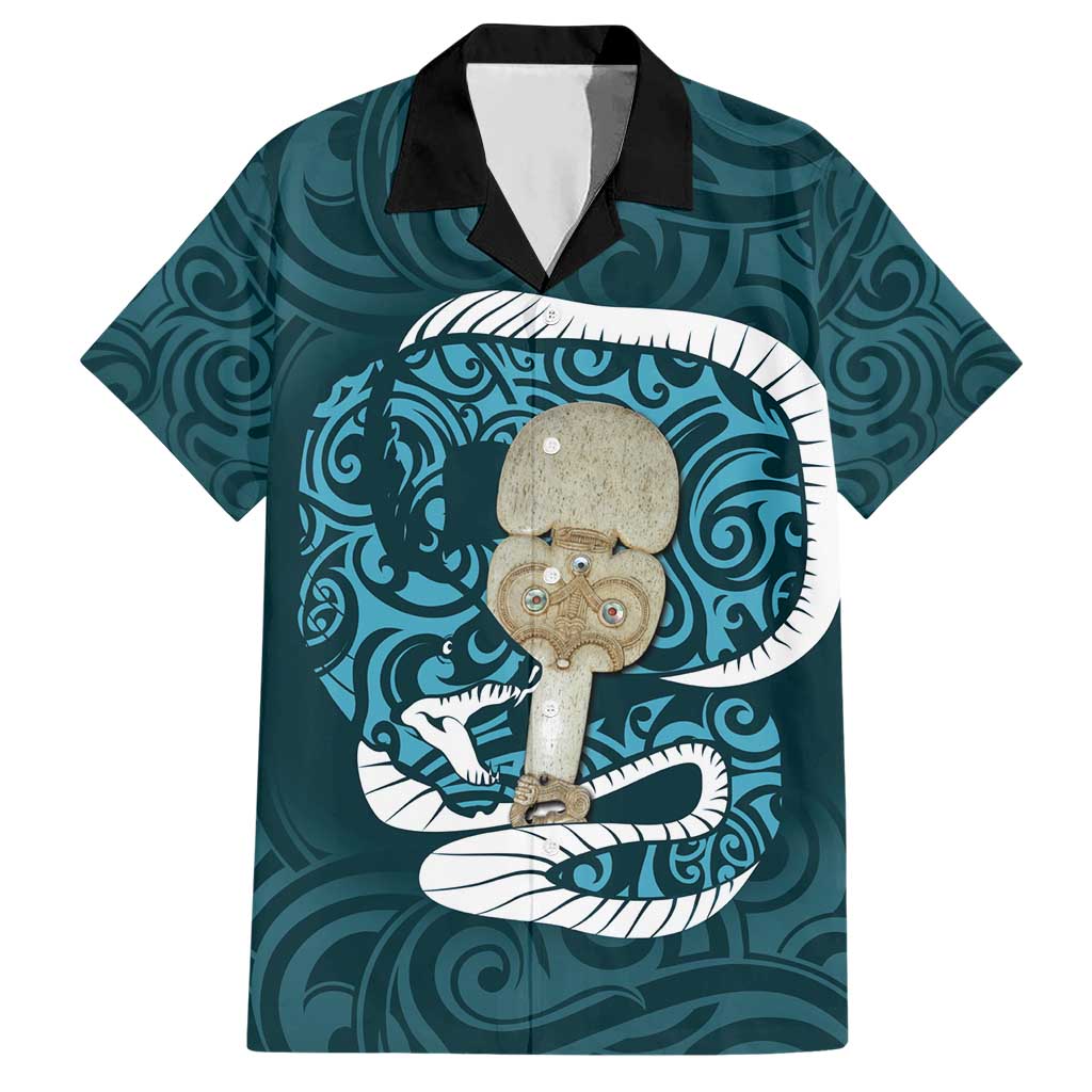 Turquoise New Zealand Eel Hawaiian Shirt Aotearoa Maori Tuna With Kotiate Weapon - Vibe Hoodie Shop