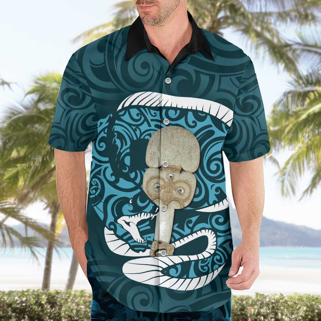 Turquoise New Zealand Eel Hawaiian Shirt Aotearoa Maori Tuna With Kotiate Weapon - Vibe Hoodie Shop