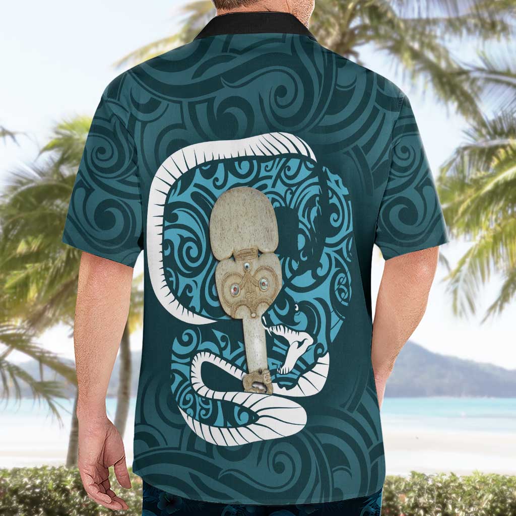 Turquoise New Zealand Eel Hawaiian Shirt Aotearoa Maori Tuna With Kotiate Weapon - Vibe Hoodie Shop