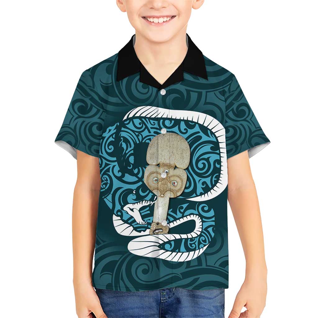 Turquoise New Zealand Eel Hawaiian Shirt Aotearoa Maori Tuna With Kotiate Weapon - Vibe Hoodie Shop