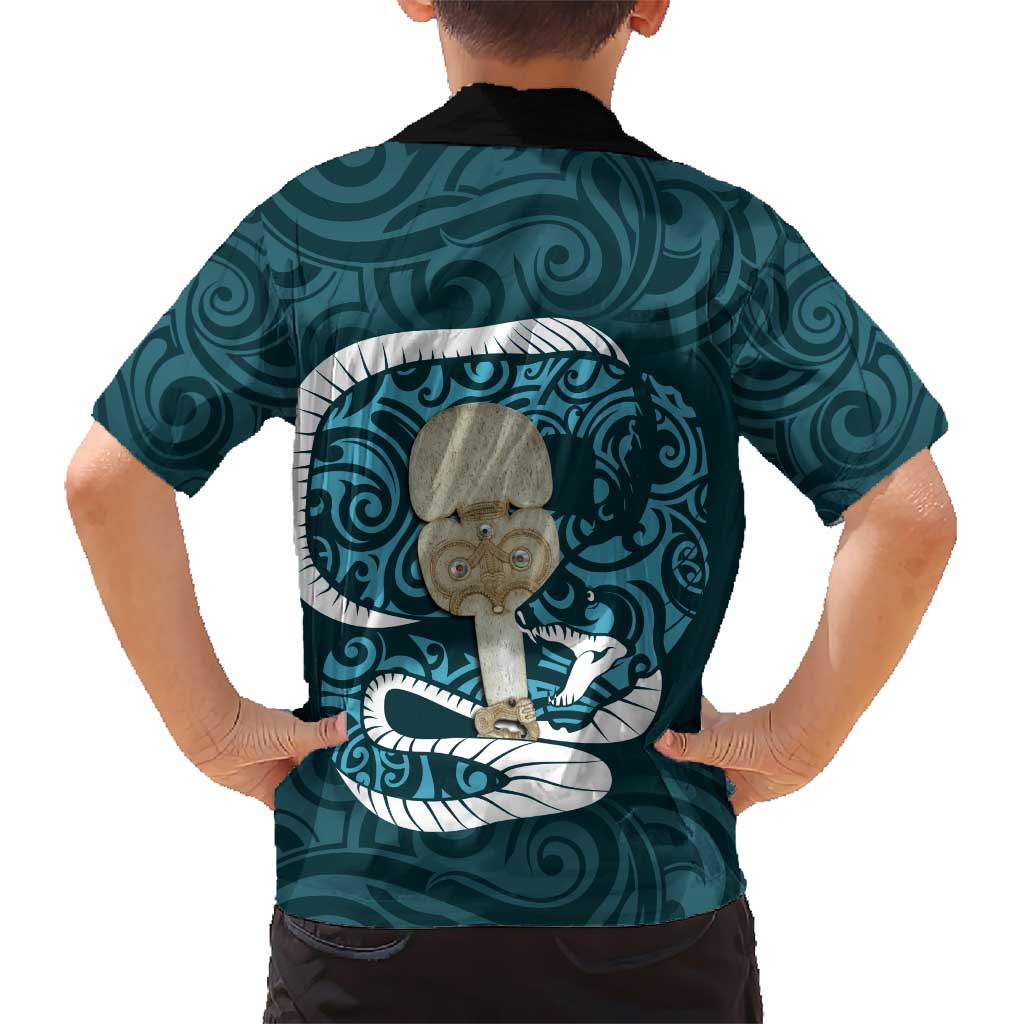 Turquoise New Zealand Eel Hawaiian Shirt Aotearoa Maori Tuna With Kotiate Weapon - Vibe Hoodie Shop