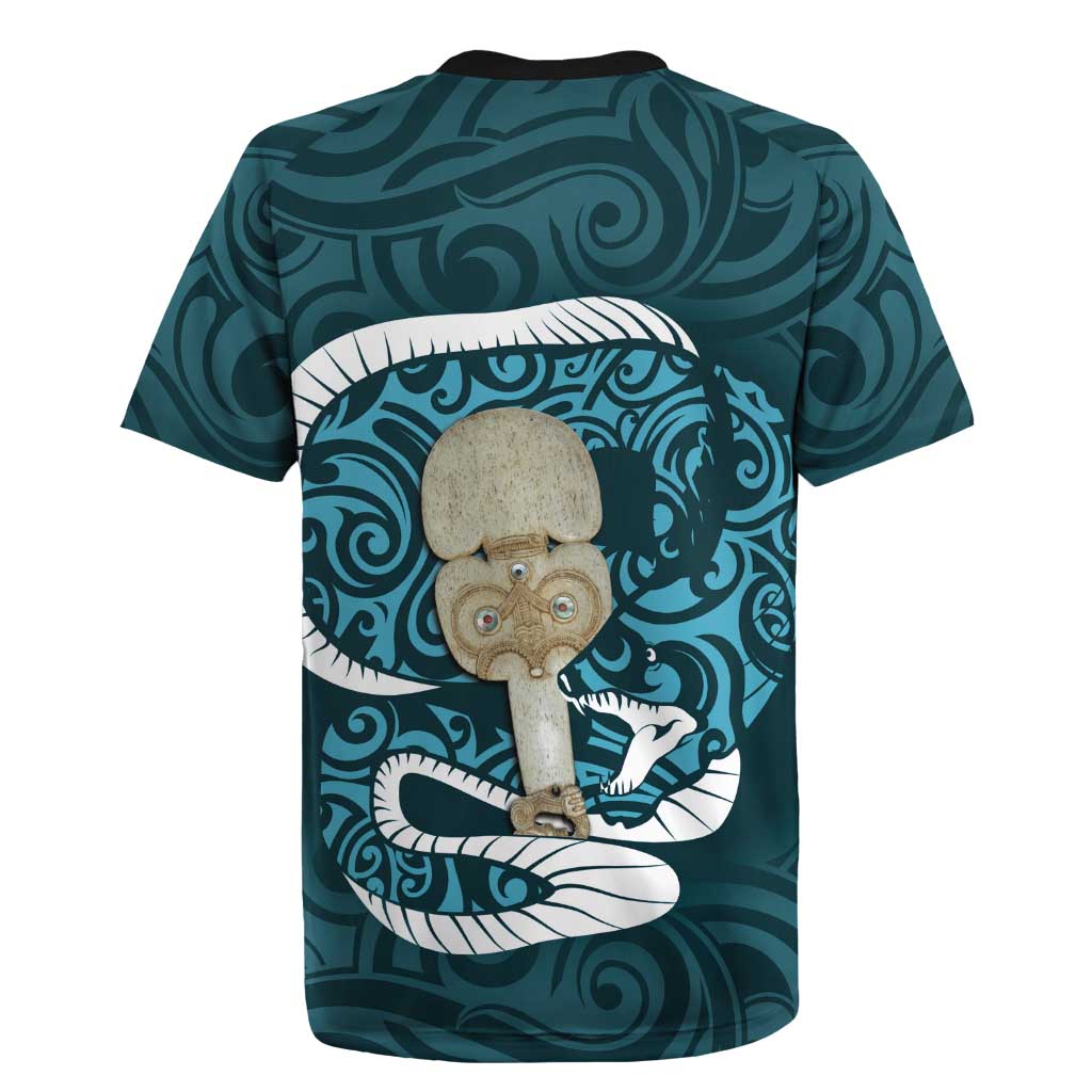 Turquoise New Zealand Eel Rugby Jersey Aotearoa Maori Tuna With Kotiate Weapon
