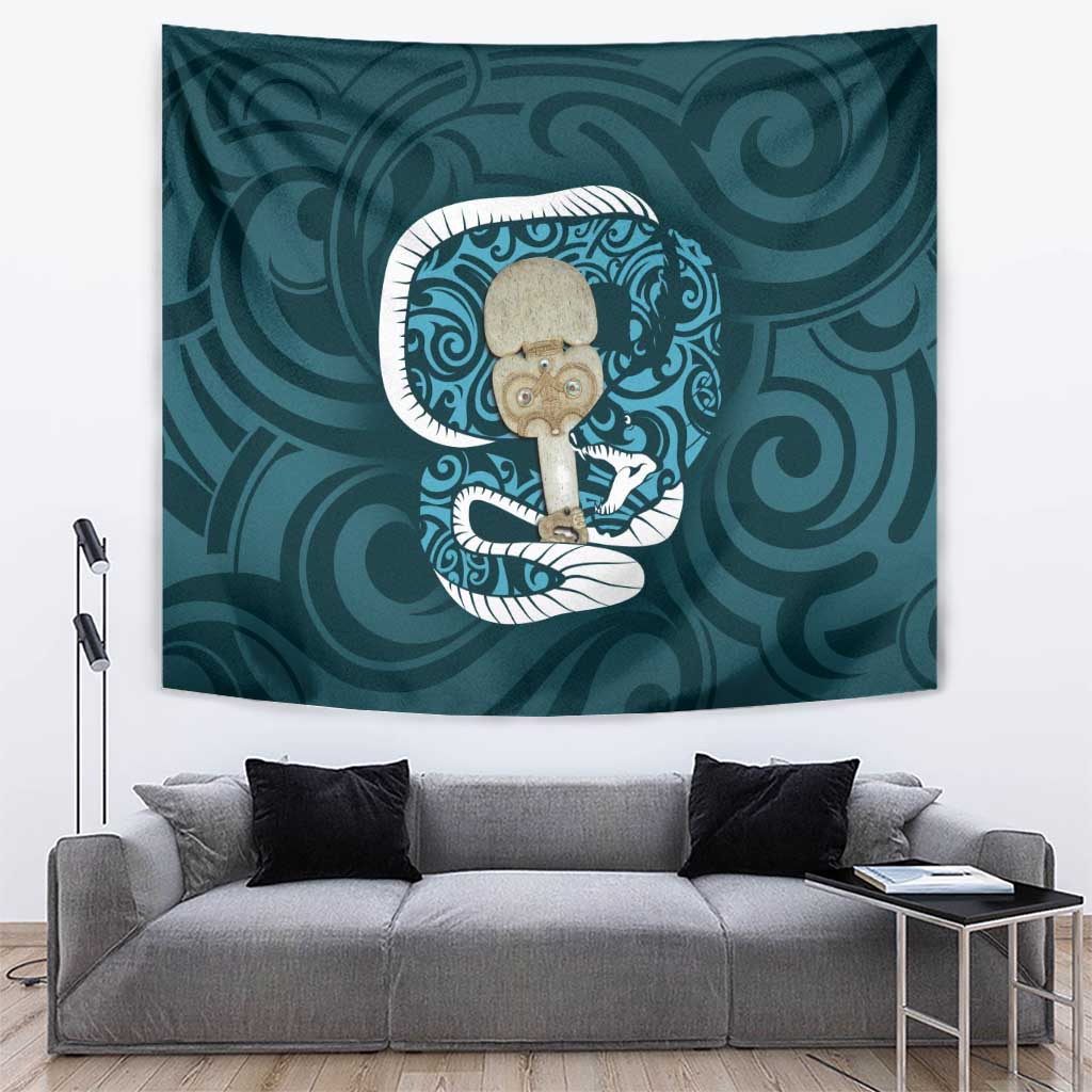 Turquoise New Zealand Eel Tapestry Aotearoa Maori Tuna With Kotiate Weapon - Vibe Hoodie Shop