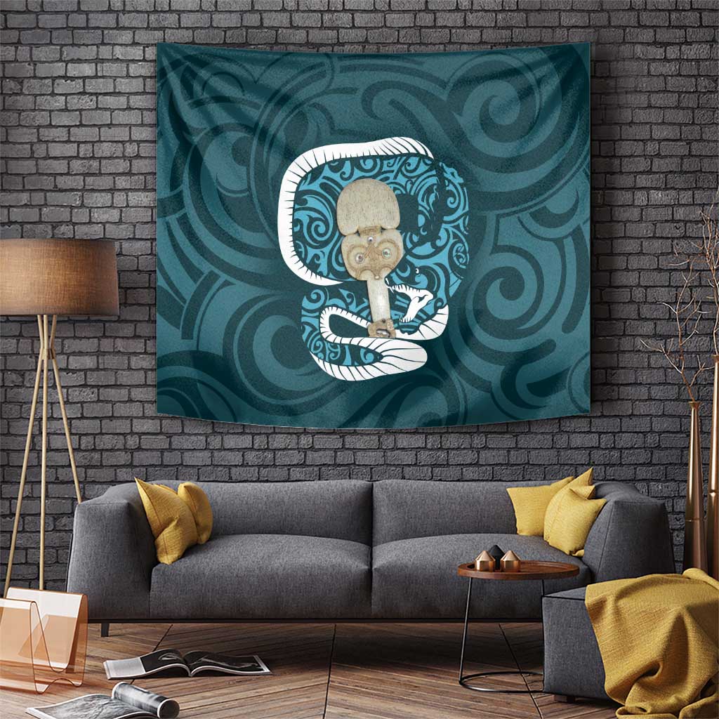 Turquoise New Zealand Eel Tapestry Aotearoa Maori Tuna With Kotiate Weapon - Vibe Hoodie Shop