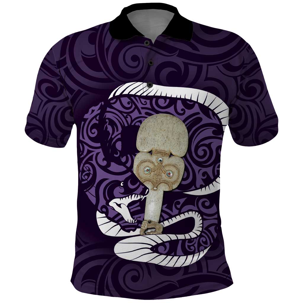 Purple New Zealand Eel Polo Shirt Aotearoa Maori Tuna With Kotiate Weapon - Vibe Hoodie Shop