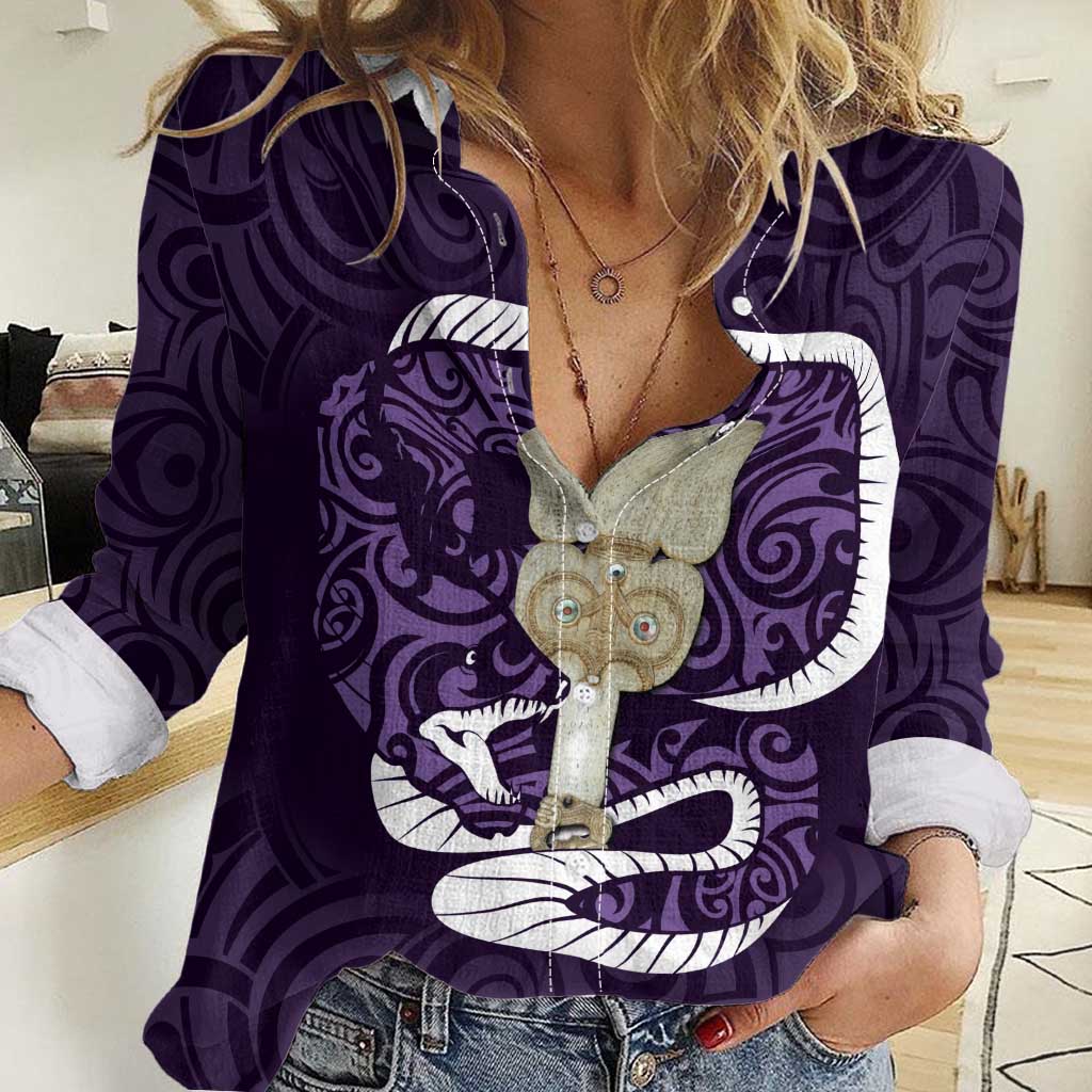 Purple New Zealand Eel Women Casual Shirt Aotearoa Maori Tuna With Kotiate Weapon - Vibe Hoodie Shop