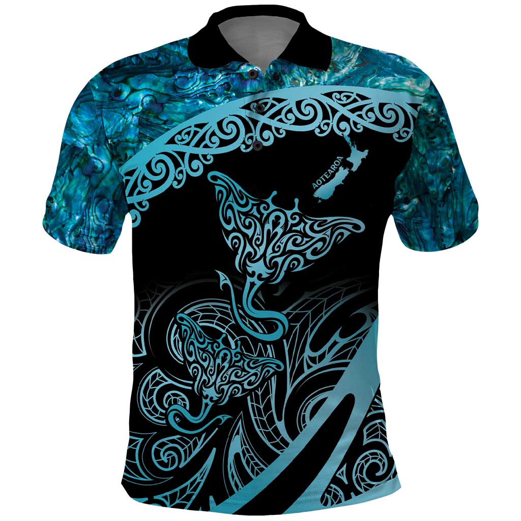 New Zealand Stingray Polo Shirt Aotearoa Whai With Maori Paua Shell - Vibe Hoodie Shop