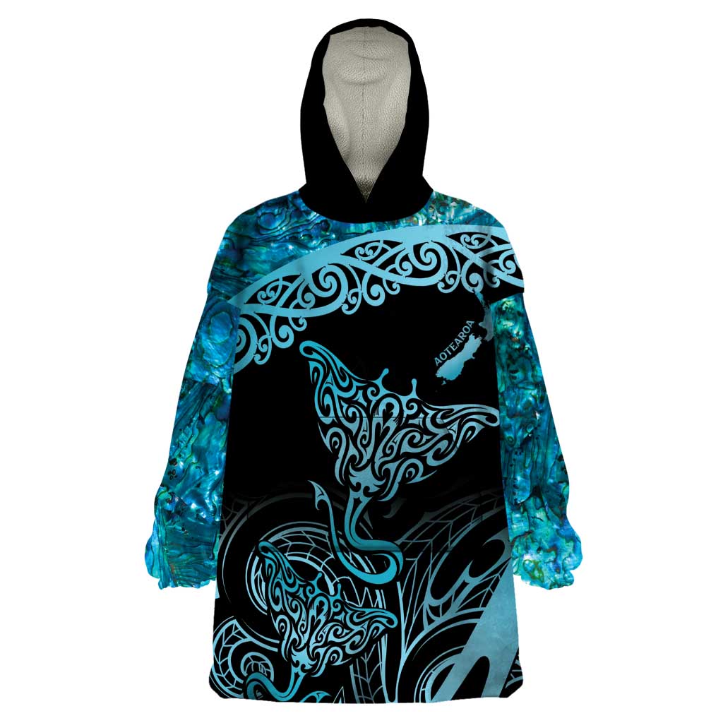 New Zealand Stingray Wearable Blanket Hoodie Aotearoa Whai With Maori Paua Shell - Vibe Hoodie Shop