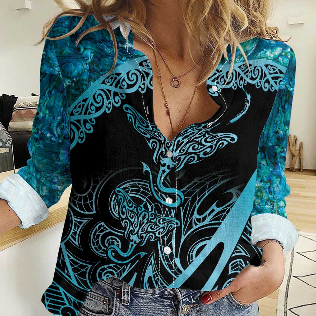 New Zealand Stingray Women Casual Shirt Aotearoa Whai With Maori Paua Shell - Vibe Hoodie Shop