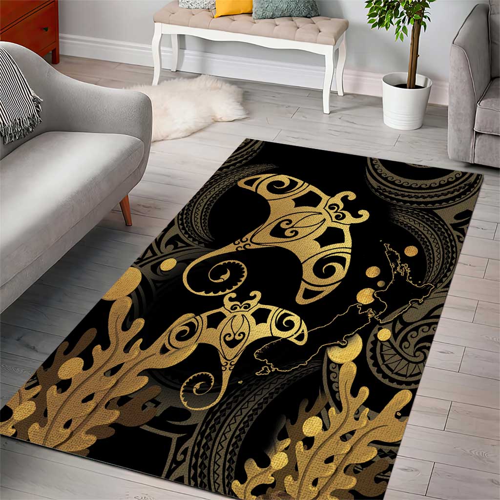 Black And Gold Aotearoa Whai Area Rug NZ Stingrays Maori Curves Style - Vibe Hoodie Shop