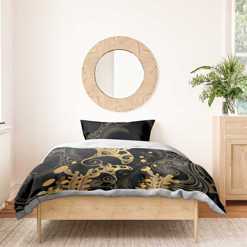 Black And Gold Aotearoa Whai Bedding Set NZ Stingrays Maori Curves Style - Vibe Hoodie Shop