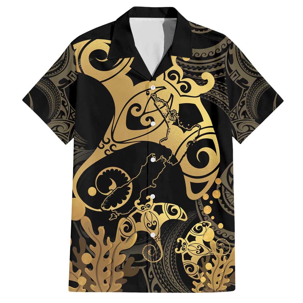 Black And Gold Aotearoa Whai Hawaiian Shirt NZ Stingrays Maori Curves Style - Vibe Hoodie Shop