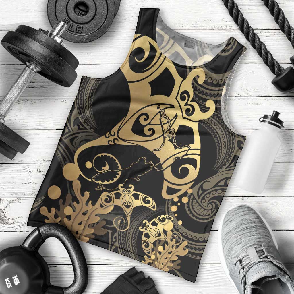 Black And Gold Aotearoa Whai Men Tank Top NZ Stingrays Maori Curves Style - Vibe Hoodie Shop