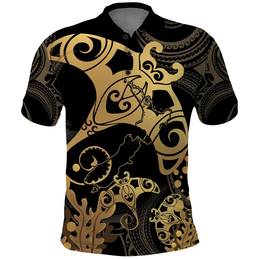 Black And Gold Aotearoa Whai Polo Shirt NZ Stingrays Maori Curves Style - Vibe Hoodie Shop