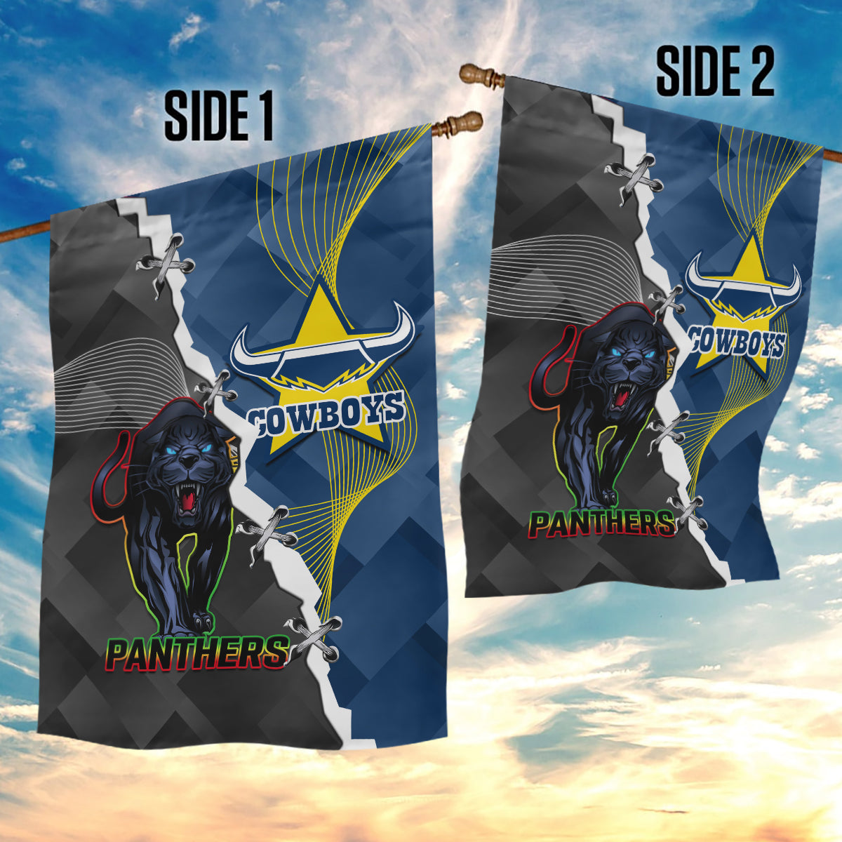 Panthers And Cowboys Rugby Garden Flag Sporty Version - Vibe Hoodie Shop