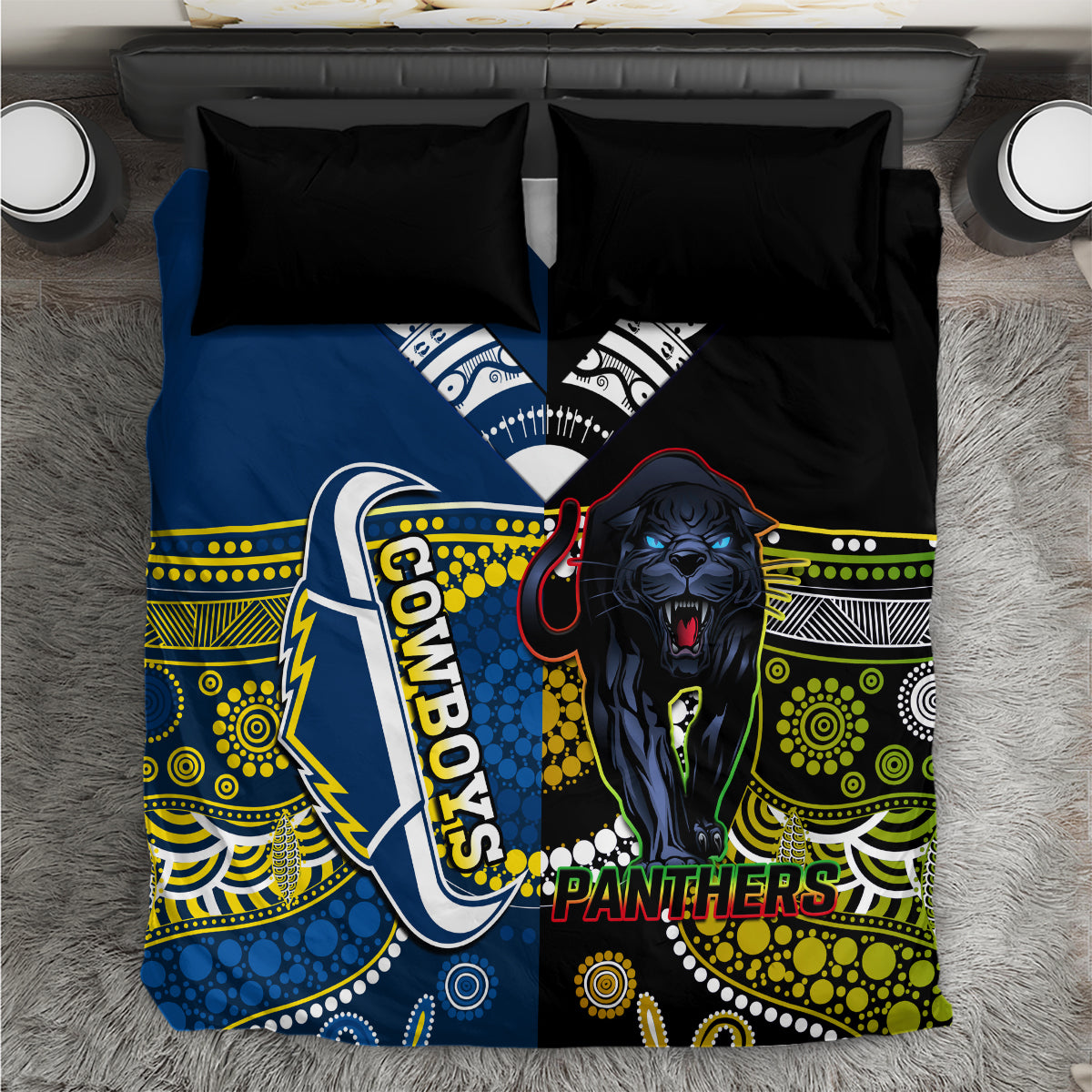 Panthers And Cowboys Rugby Bedding Set Aboriginal Version - Vibe Hoodie Shop