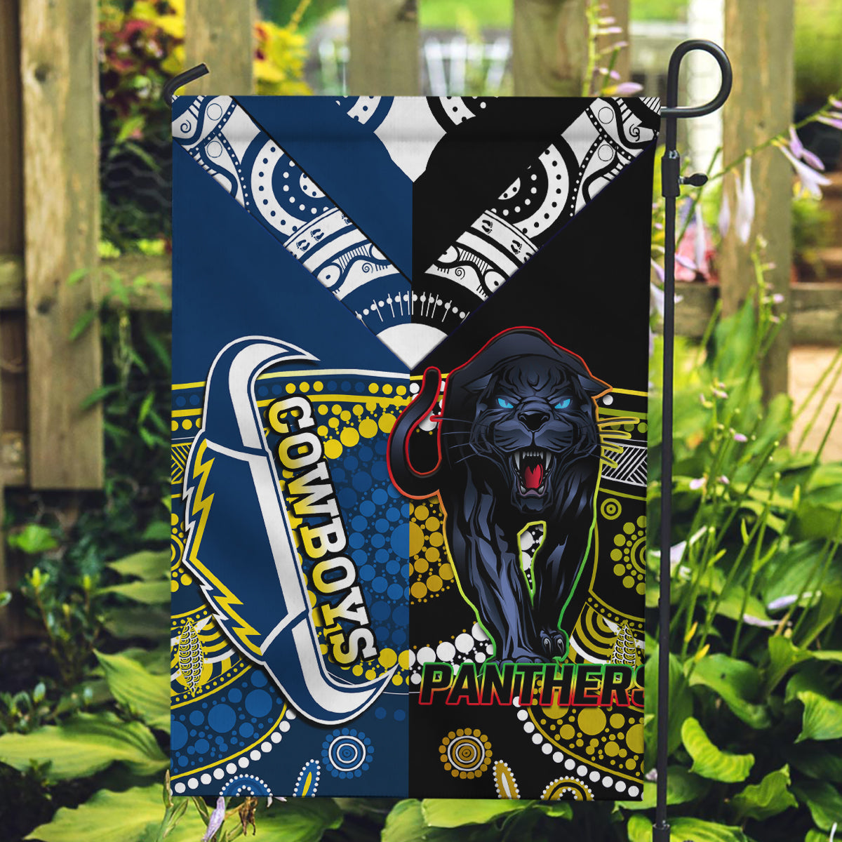 Panthers And Cowboys Rugby Garden Flag Aboriginal Version - Vibe Hoodie Shop