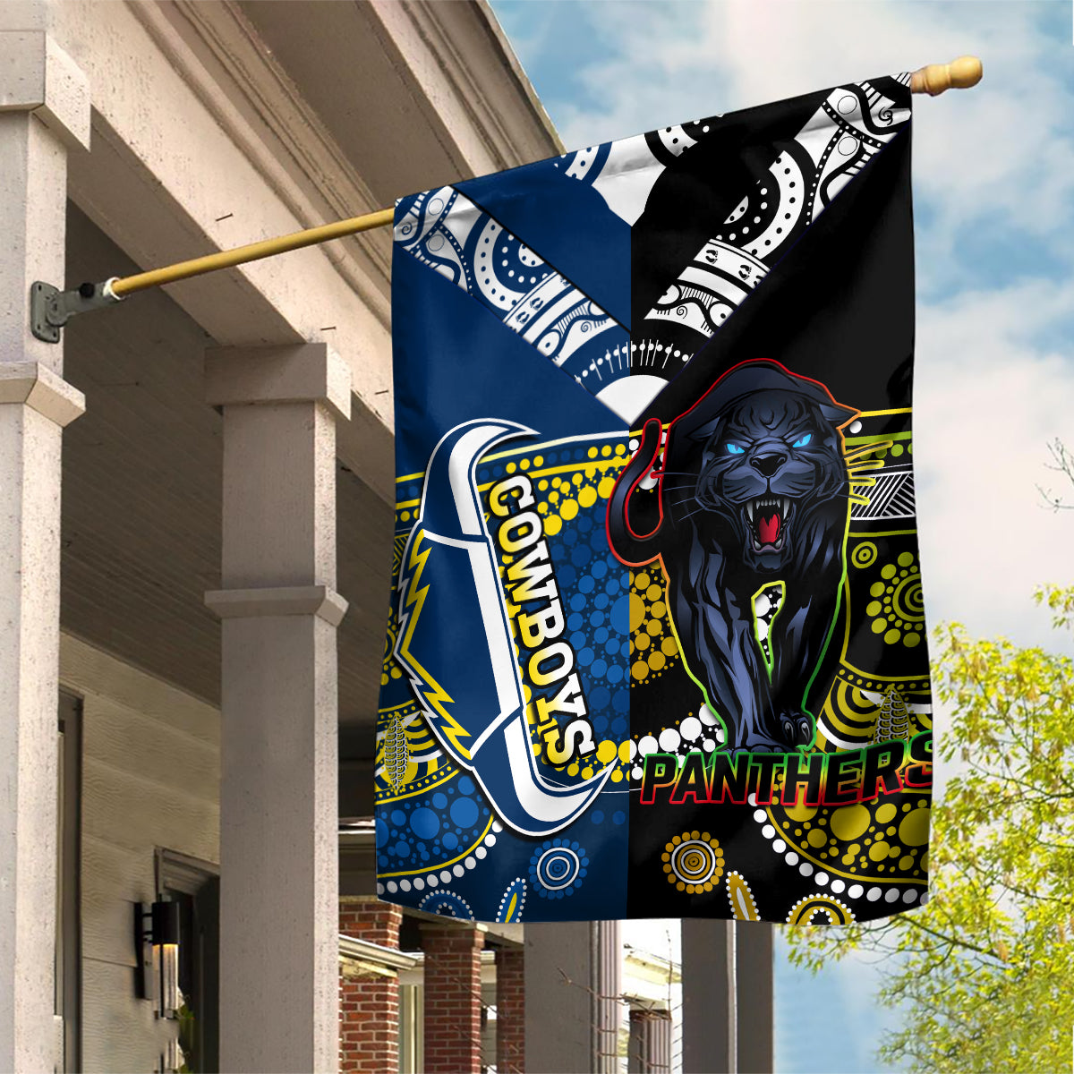 Panthers And Cowboys Rugby Garden Flag Aboriginal Version - Vibe Hoodie Shop