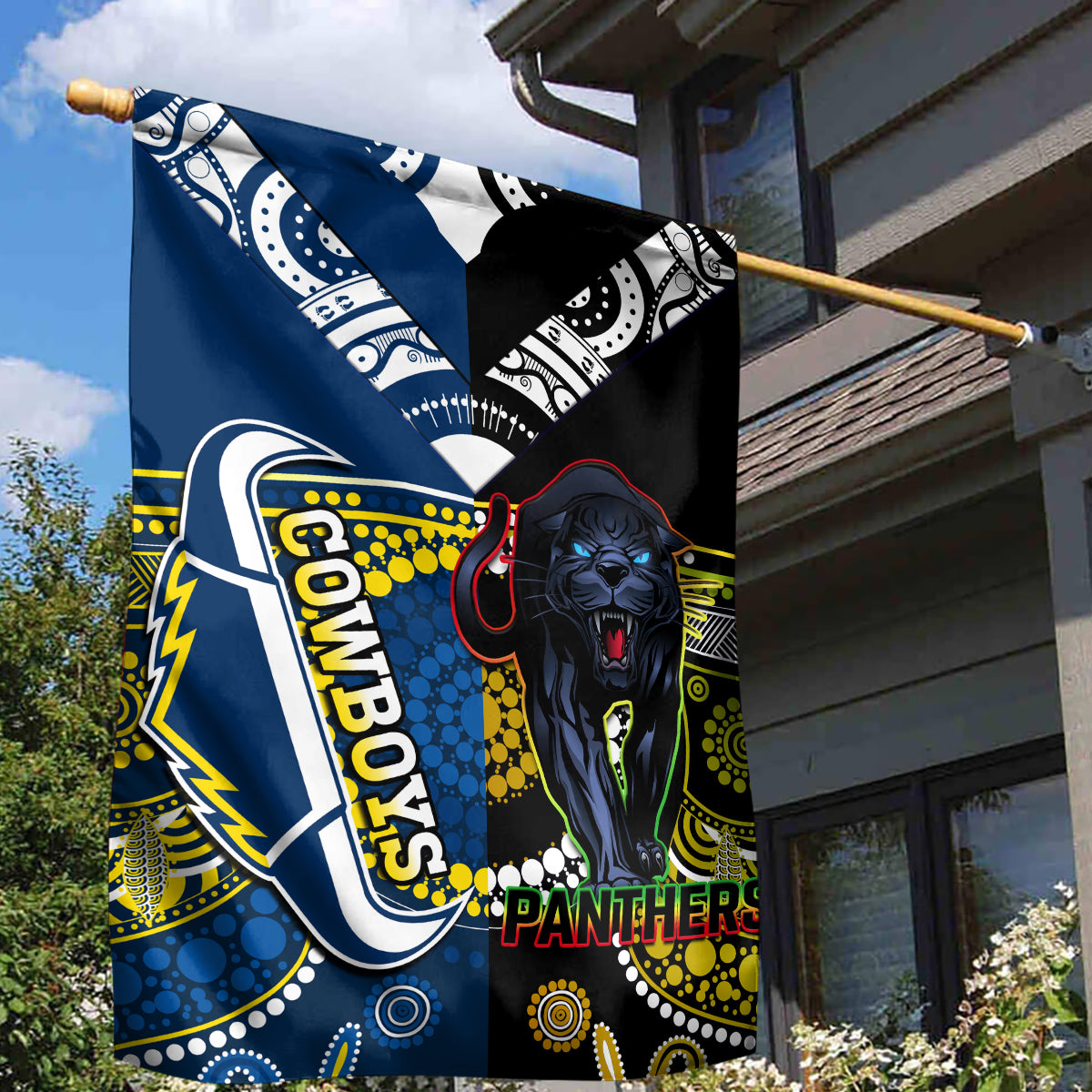 Panthers And Cowboys Rugby Garden Flag Aboriginal Version - Vibe Hoodie Shop