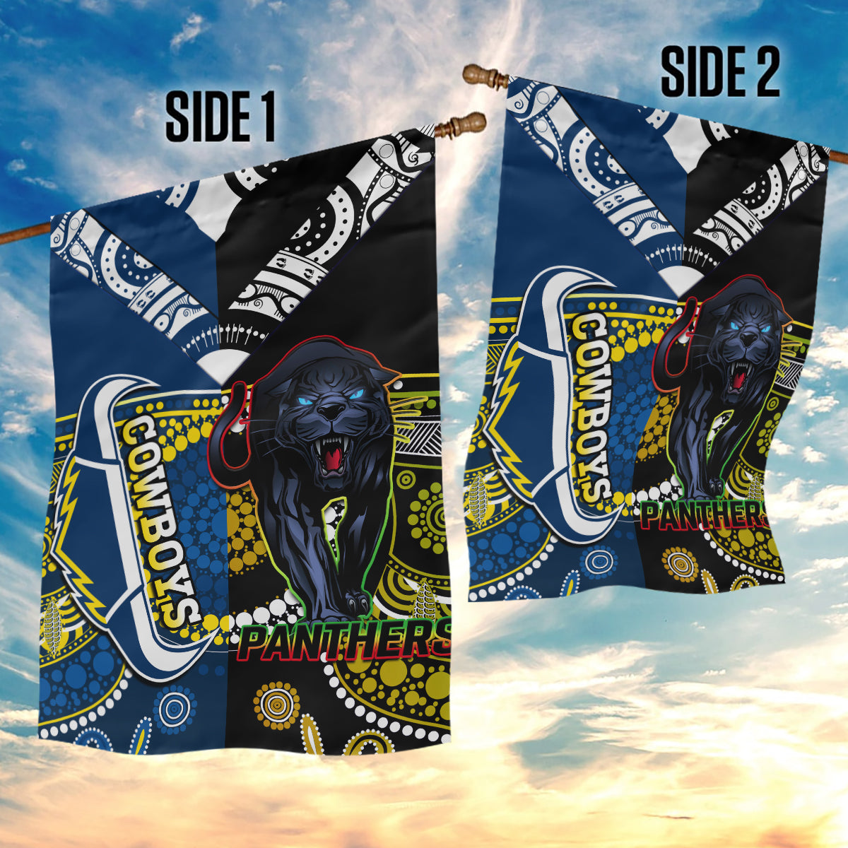 Panthers And Cowboys Rugby Garden Flag Aboriginal Version - Vibe Hoodie Shop