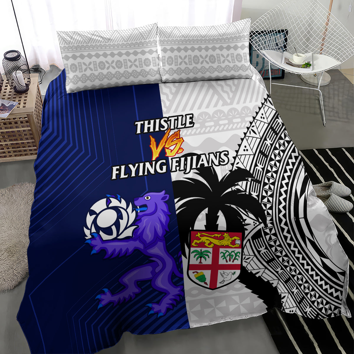 Fiji And Scotland Rugby Bedding Set Fijian Tapa Pattern With Thistle - Vibe Hoodie Shop